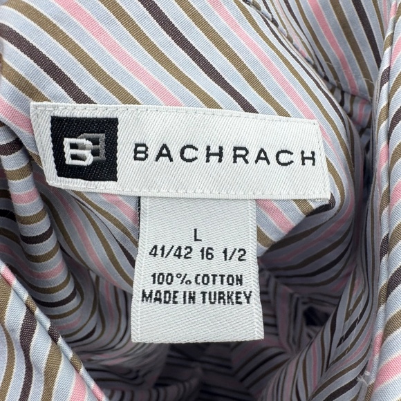 Bachrach Shirt Men Large Pink Multicolor Stripes Long Sleeve Button Up Office - Picture 7 of 11